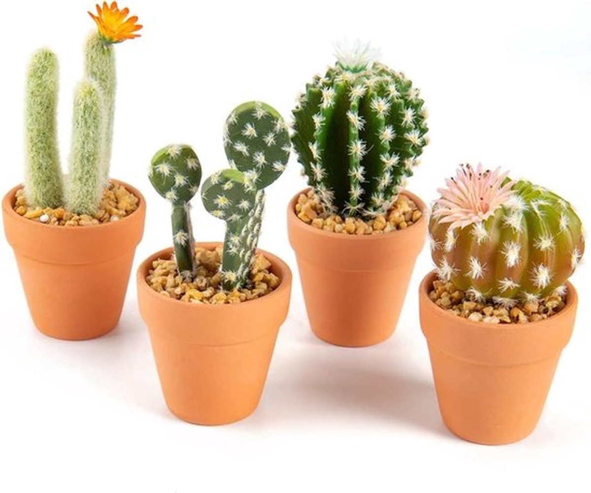 Set van 4 kunstmatige kleine cactusplanten in terracotta potten - decoratieve vetplanten voor thuis - nepplanten voor in huis, keuken, badkamer - bureauplank decoratie.