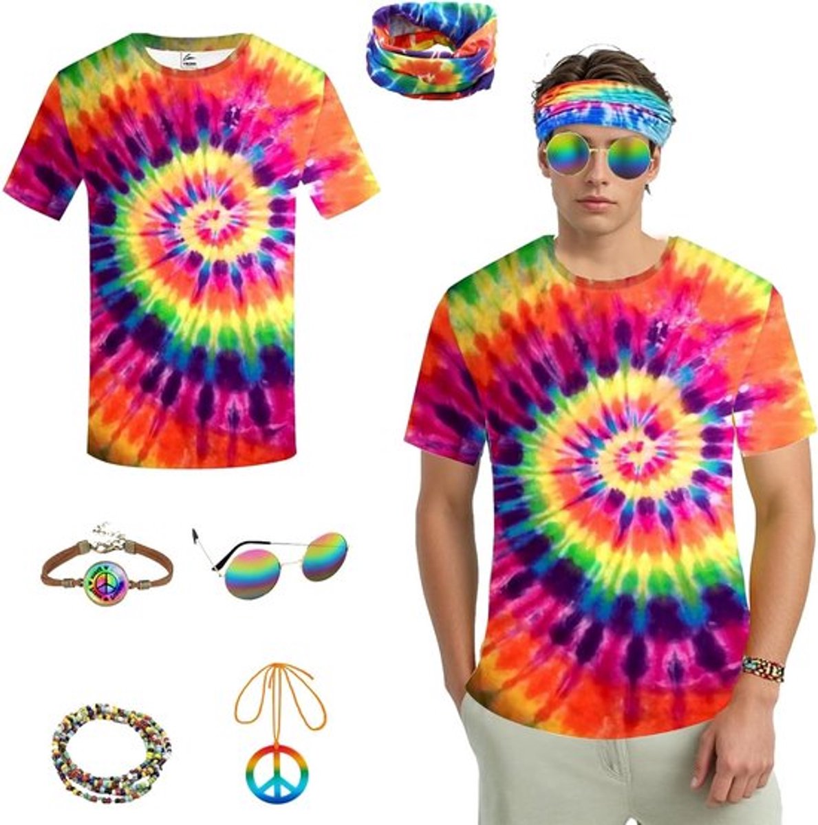 Set van 6 heren hippie kostuums uit de jaren '80 met kleurrijk T-shirt, peace ketting, hippie zonnebril, hoofdband, armband en ketting voor feestelijke gelegenheden en themafeesten.