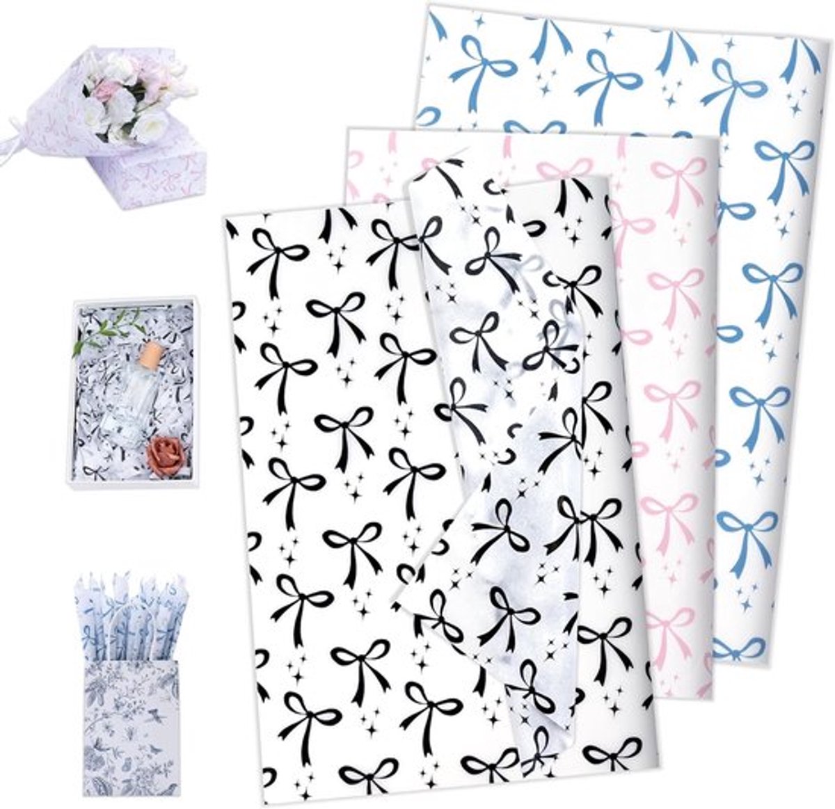 Zijdepapier met Strikpatroon in Blauw, Roze en Zwart - Perfect voor Cadeaus, Knutselen en Decoratie
