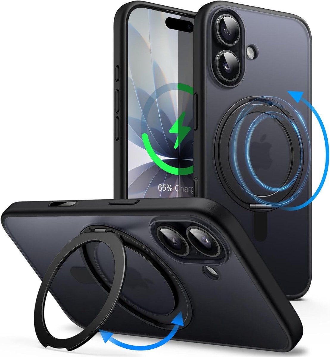 Ring Stand Hoes voor iPhone 17, Zwart | MagSafe Compatibel, Camera Controleknop, 360° Draaibare Ringstand, Slank en Schokbestendig
