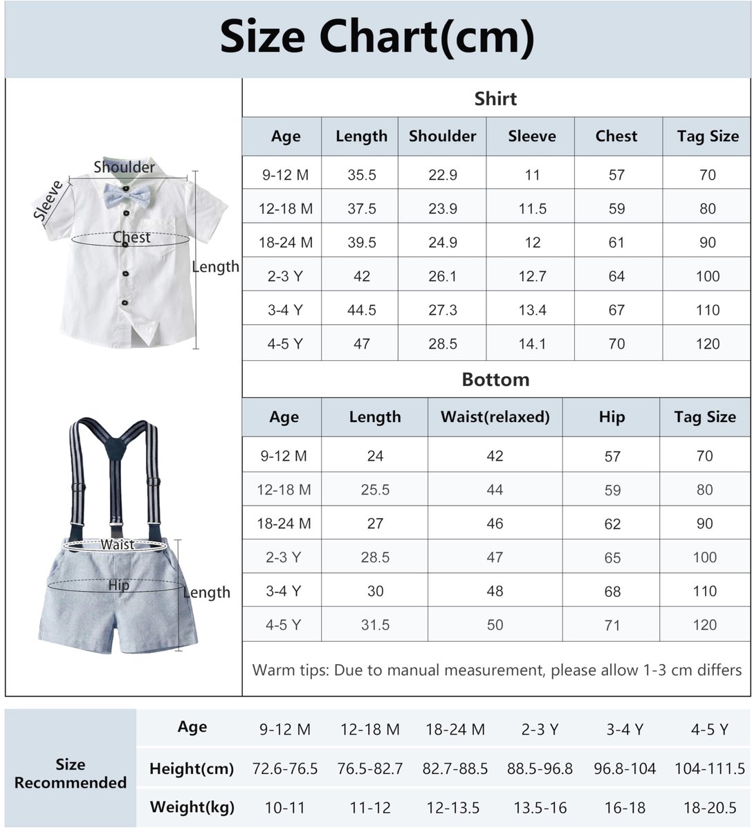 SnelShoppen - Volunboy Baby Jongens Pak Set Kleding Hemd met Vlinderdas + Bretels Shorts Romper Pak Lichtblauw Wit 18-24 Maanden Feest Kleding voor Ki