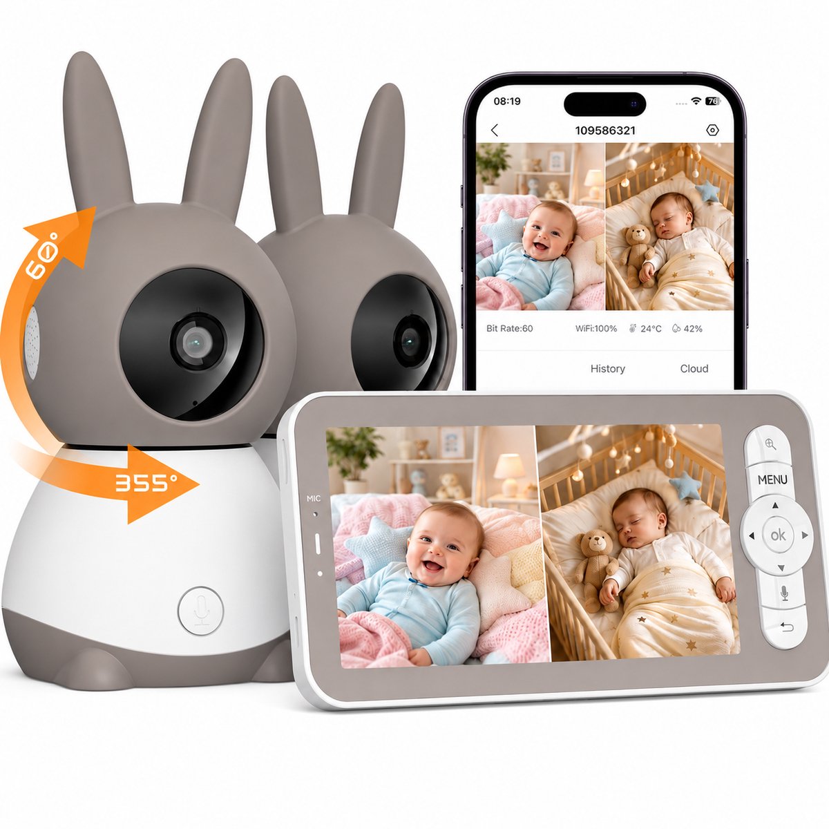 Wifi Babyfoon Met 2 Camera's - Baby Monitor - Babyfoon met 5 inch scherm - Ultra HD 2K Resolutie - Op Afstand Bestuurbaar - Slaapliedjes