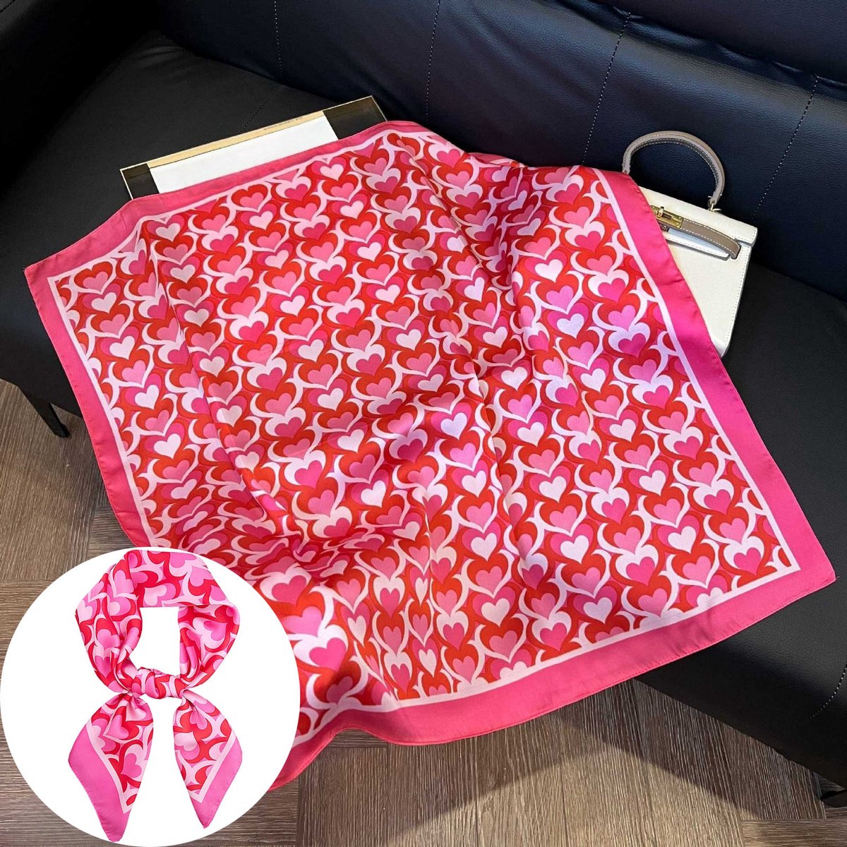 Kunstzijden Sjaaltje - Lente/zomer Accessoire Voor Bij Overhemden, Halsdoek, Zijdezachte En Luchtige Haarband 70x70cm, Dunne Sjaal Ter Bescherming Van De Nek(Sjaal van imitatiesijden met rode hartjes)