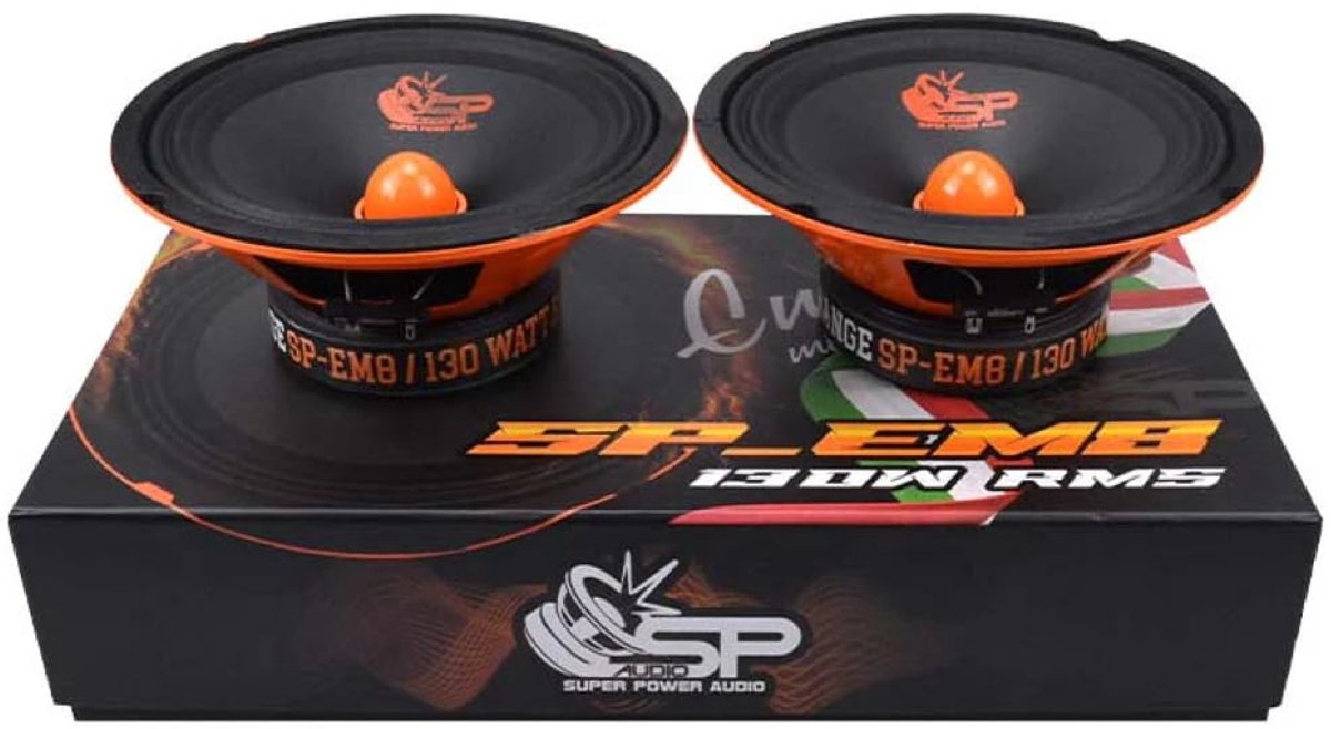 SnelShoppen - 2 SP AUDIO SP-EM8 Midrange Speakers 20 cm 8" Diameter, 130 Watt RMS, Max. 260 Watt, 4 Ohm Impedantie, 97 dB Gevoeligheid, Perfect voor A