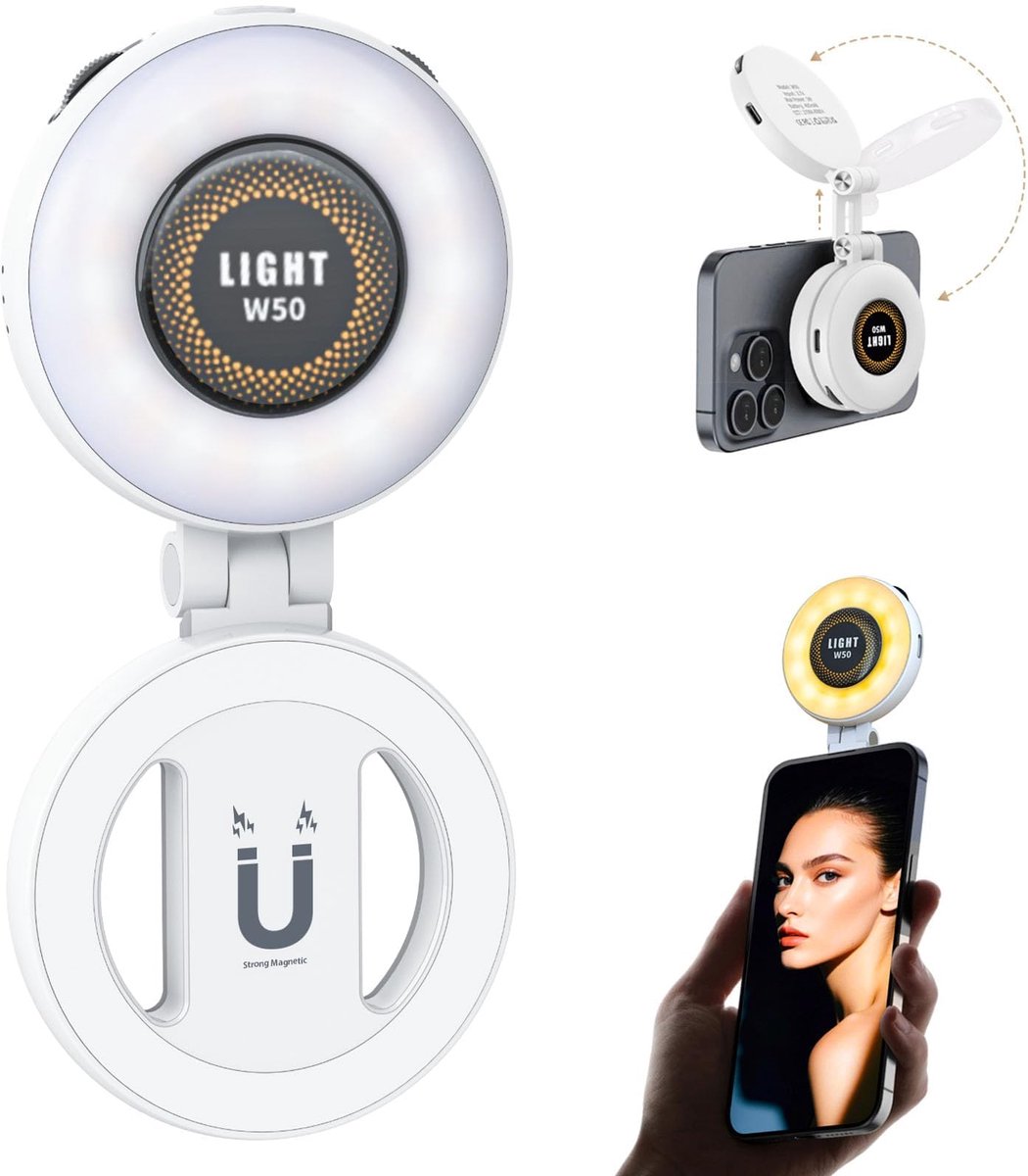 SnelShoppen - Magnetische Draagbare Selfielamp voor iPhone - Oplaadbaar Telefoonringlicht voor Camera, Make-up, Videoconferenties, LED Selfie Ring voo