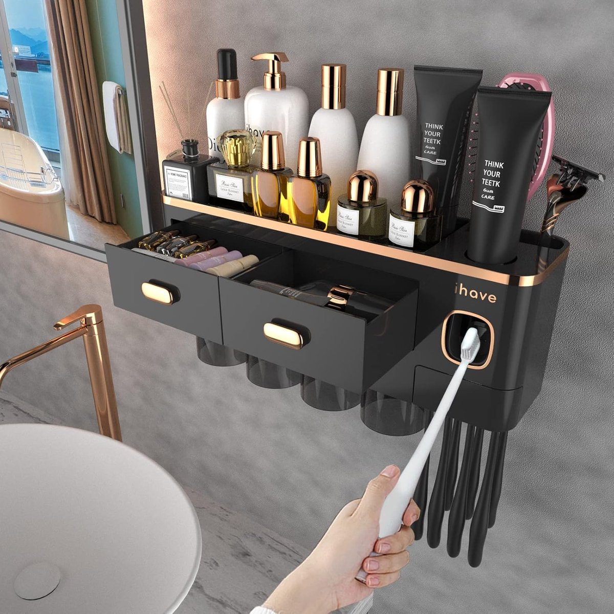 SnelShoppen - Tandenborstelhouder voor aan de muur met tandpastadispenser en lade, multi-tandenborstelhouder voor elektrische tandenborstels, grote ba