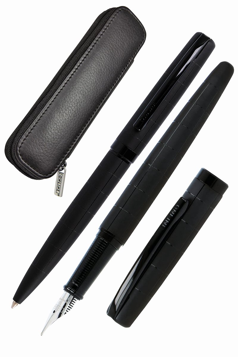 SnelShoppen - Eleganza Schrijfset 3-delig met balpen en vulpen in echt lederen etui, zwart, hoogwaardige geschenkdoos, perfect voor kantoor, cadeau, o