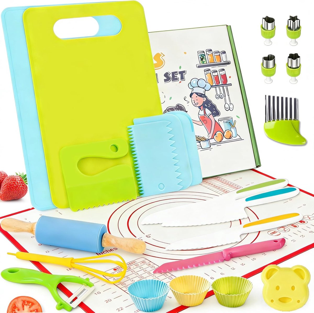 SnelShoppen - 33-delige Keukenset voor Kinderen - Montessori Keukengerei met Veilig Kindermes voor Snijden van Fruit, Groenten en Pasta - Ideaal voor