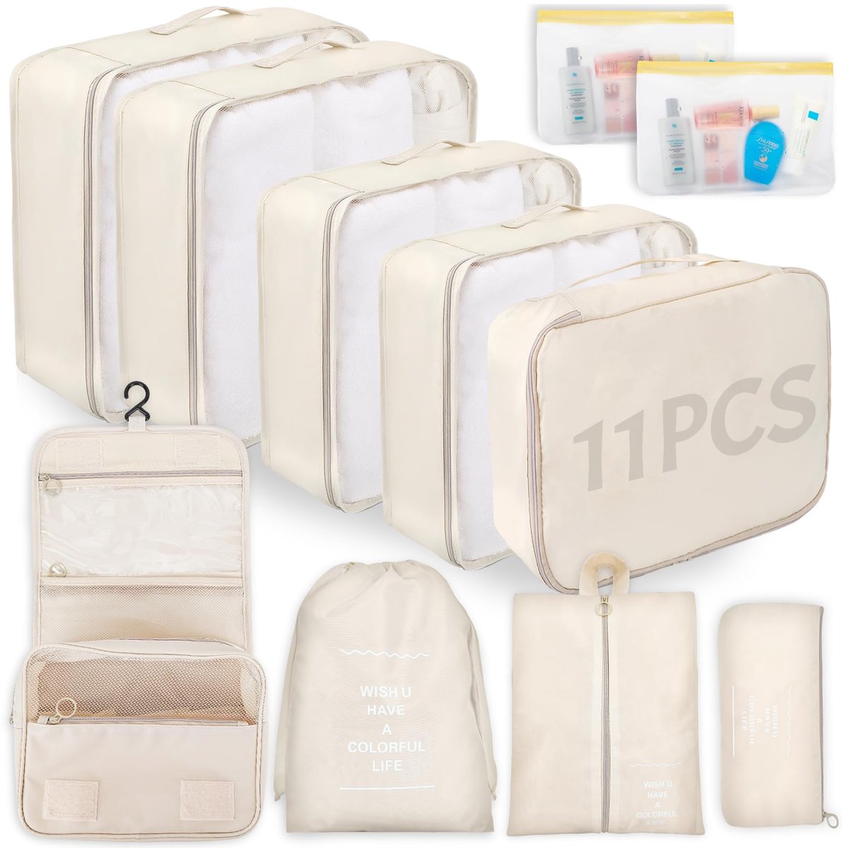 SnelShoppen - Kofferorganizer 11-in-1 Set, Verpakkingskubussen voor Kleding, Reisorganizer voor Kleding, Schoenen en Cosmetica, Beige