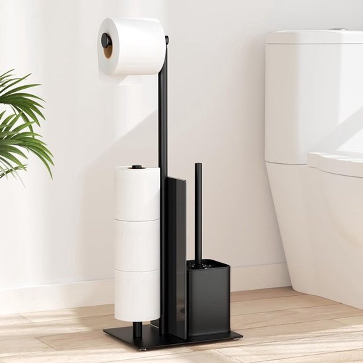 Toiletpapierhouder met Staande Toiletborstelset en Glazen Plank (Zwart, Matt) - Modern Design, Duurzaam Materiaal, Handige Opbergruimte