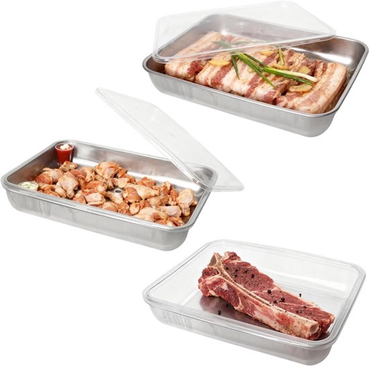 3-delige Bakkersset met Deksel, RVS Tray 25×20×5cm, Stapelbaar en Vaatwasmachinebestendig, Voor Bloederen, Marineren en Opslaan van Voedsel