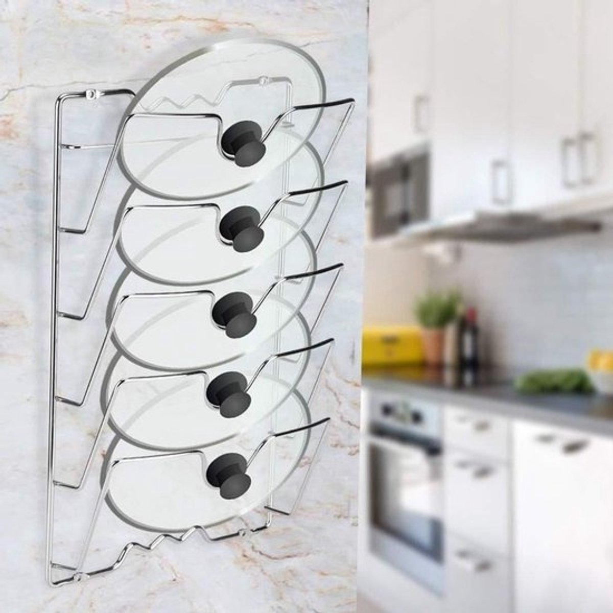 Pan Lid Rack voor Muur- of Deurmontage, Ideale Oplossing voor Pannen- en Dekselopslag in Keuken, Houdt Tot 5 Lids Organiseerd