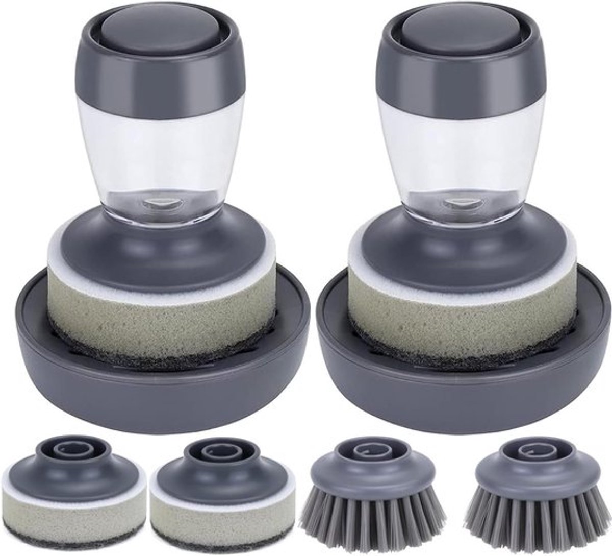 Efficiënte afwasborstel met ingebouwde zeepdispenser en 2 afwasponsen, ideaal voor het reinigen van servies en pannen, inclusief 4 vervangbare onderdelen