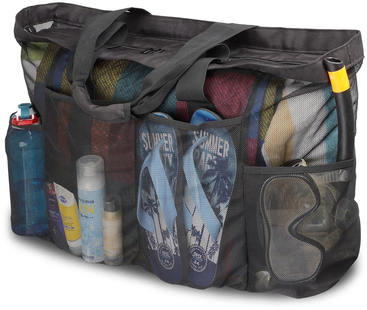 SnelShoppen - Extra grote strandtas XL - Mesh draagtas met rits en zakken - Zwart - Ideaal voor familie strandreis, vakantie, camping en meer