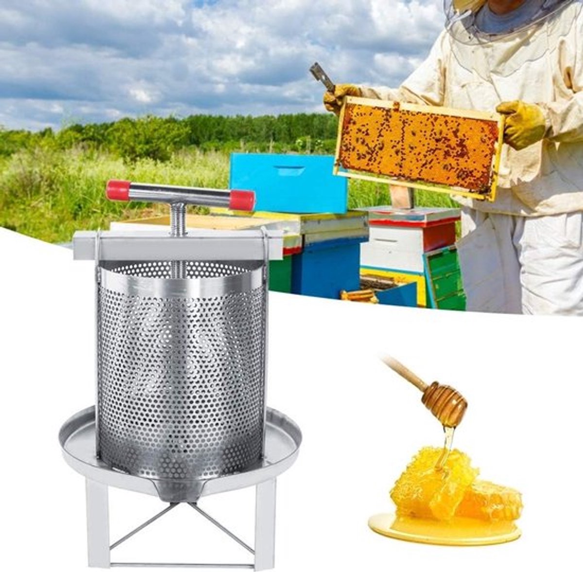RVS Handmatige Honingpers en Waspers voor Bijenteelt met Filter - Multifunctionele Honing- en Wasextractor voor Thuisgebruik