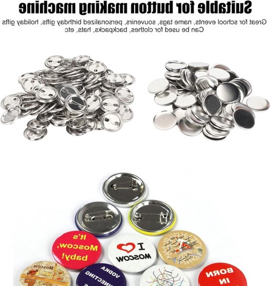 Set van 100 Lege Ronde Button Pins van 37mm met Achterkappen en Duidelijke Folie voor Button Maker Machine