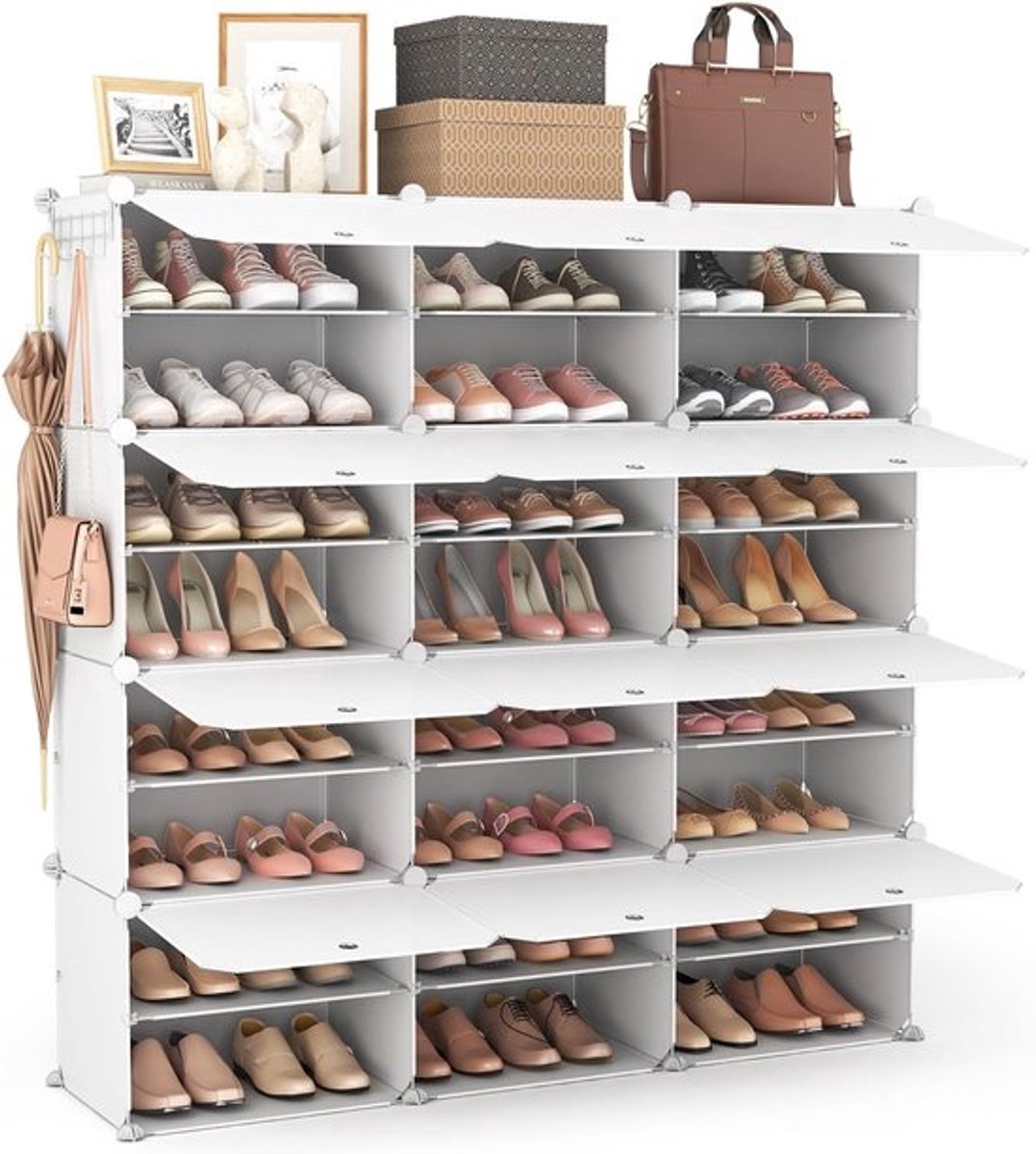 8-vaks schoenenrek organizer - Ruimtebesparend en draagbaar systeem voor kast, entree, slaapkamer en hal (Wit, 3 x 8)
