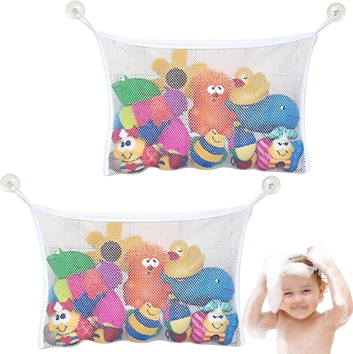 Speelnet voor badkuip - 2 sterke zuignappen, organizer voor badspeelgoed, ruimtebesparende nettas, 34 x 45 cm, ideaal voor kinderen en accessoires