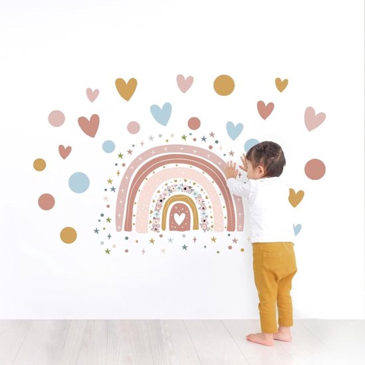 Boho Regenboog Muurstickers, Grote Bloem Muurdecals, Kleurrijke Hart Sterren Decoratie voor Kinderkamer, Speelkamer en Babykamer