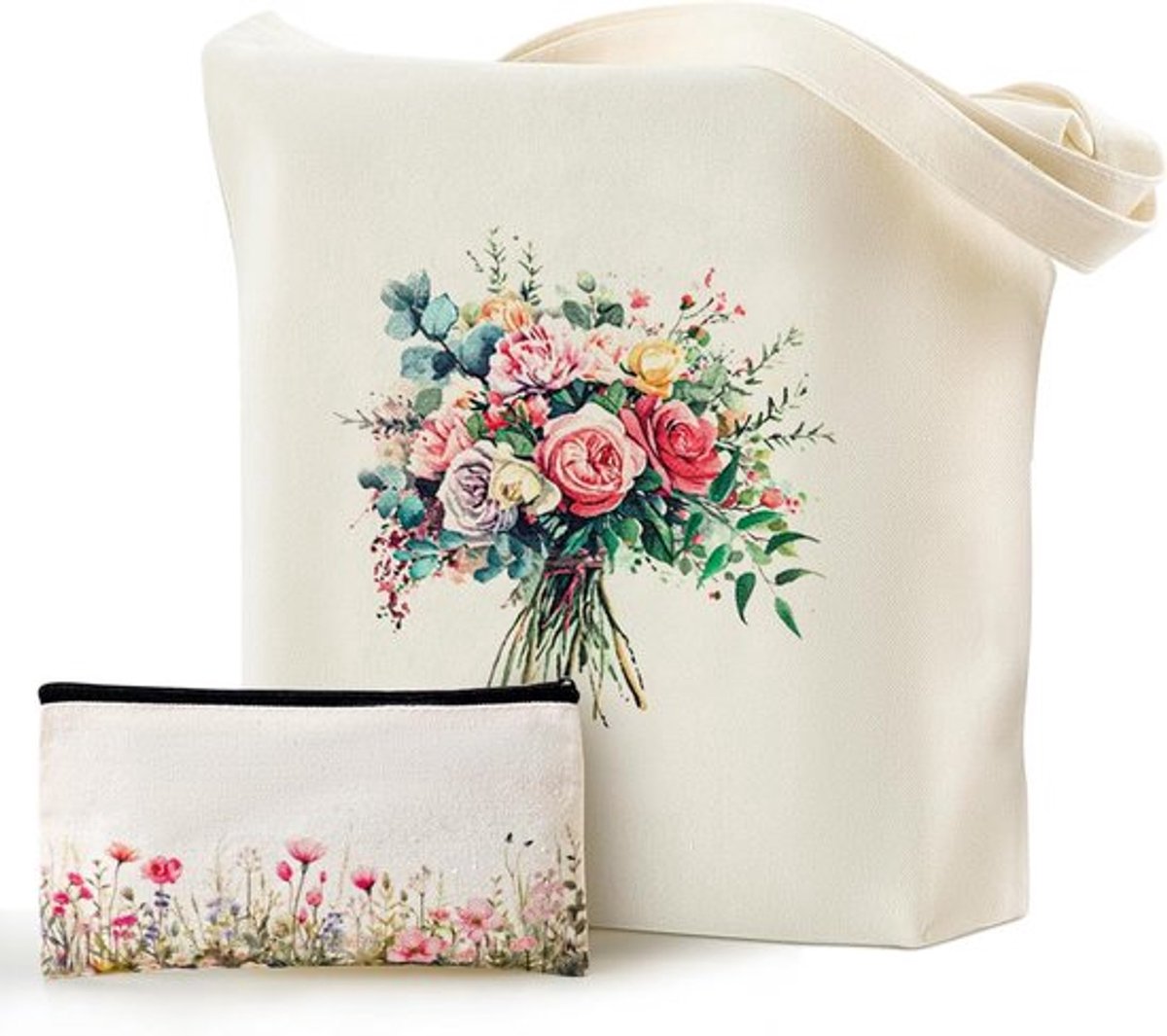 Grote jute tas met bloemenprint voor dames, lange handvatten, ideaal als boodschappentas of cadeau voor feestdagen