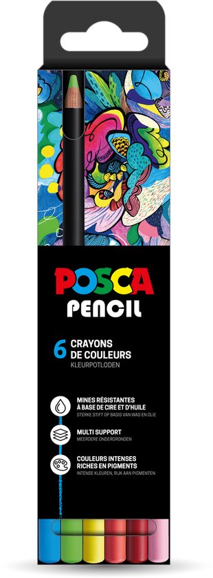 POSCA PENCIL 6 kleurenpotloden met kleurrijke illustraties op de verpakking.