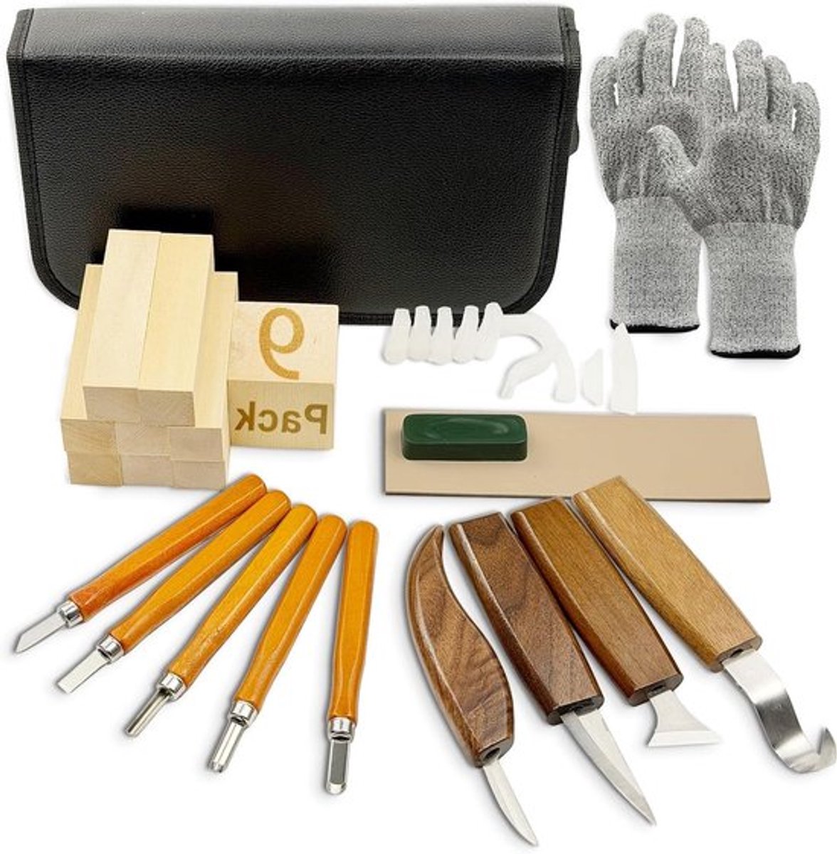 Complete Houtbewerkingsset met 23 Stukken, Ideaal voor Beginners en DIY Liefhebbers, Inclusief 9 Basswood Blokken en Opbergtas