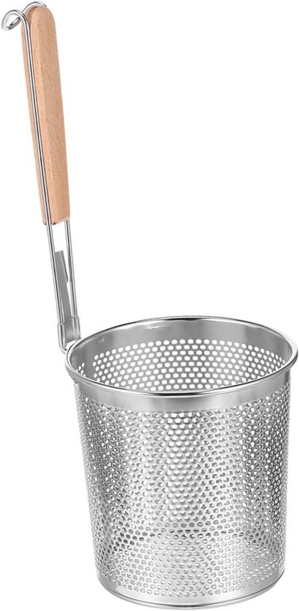 Grote ronde roestvrijstalen wokzeef met houten handvat voor het koken van Udon en Ramen, 14 cm, ideaal voor het afgieten en roosteren van ingrediënten