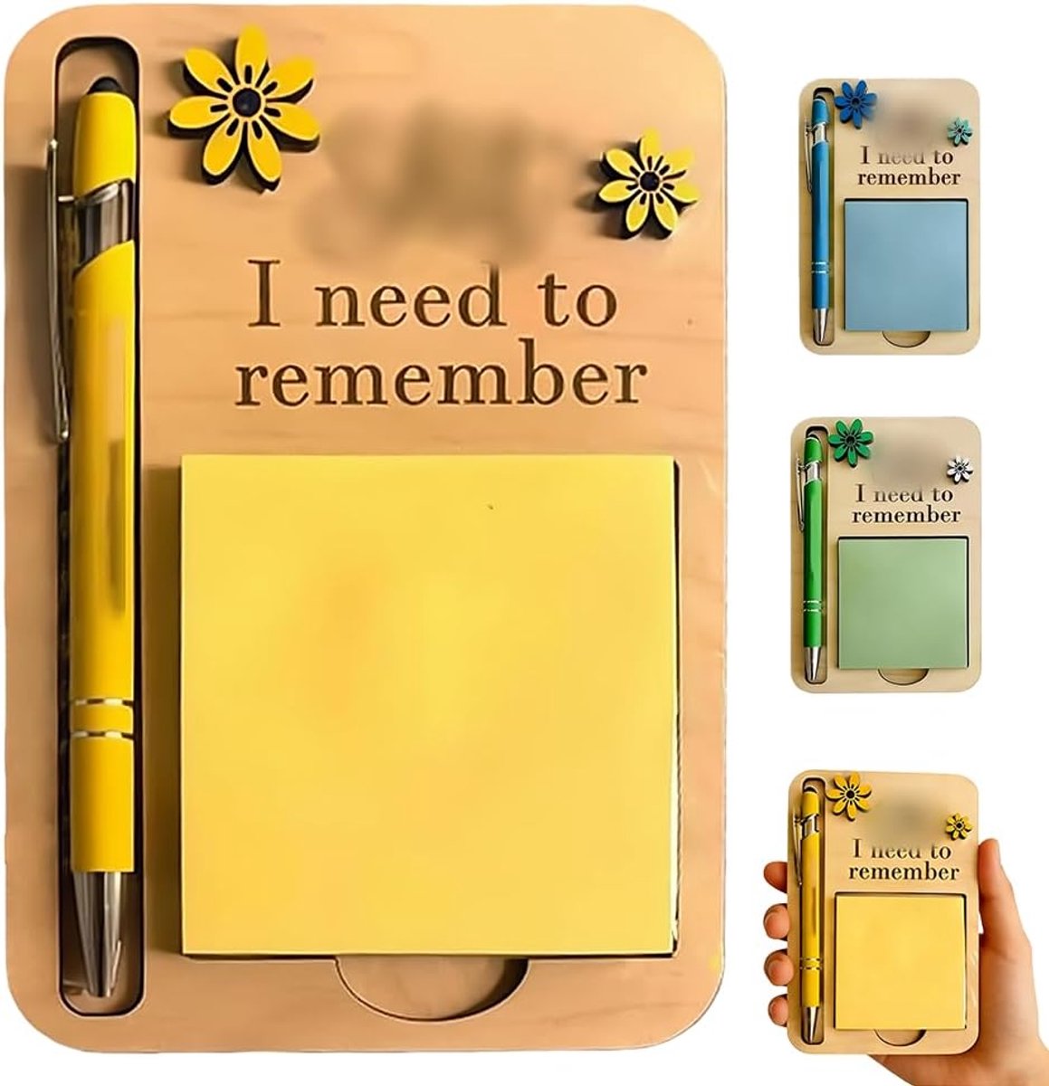 Kantoorbenodigdheden - Sticky notes - Schoolspullen - Houten Sticky Note Houder – Bureau Organizer voor Schoolspullen en Studiebenodigdheden – Notitiehouder voor Bureau, Kantoor en Thuis – Geel (Pen niet inbegrepen)