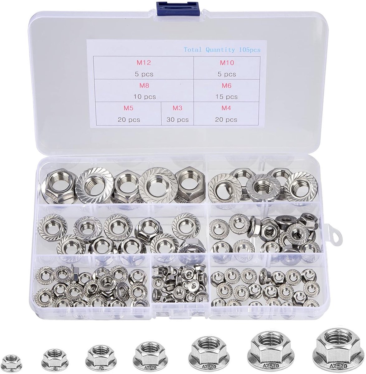 RVS Flensmoeren Zelfsluitende Moeren M3 M4 M5 M6 M8 M10 M12 met Locktanden volgens DIN 6923, Assortiment van 105 Stuks voor Diverse Toepassingen