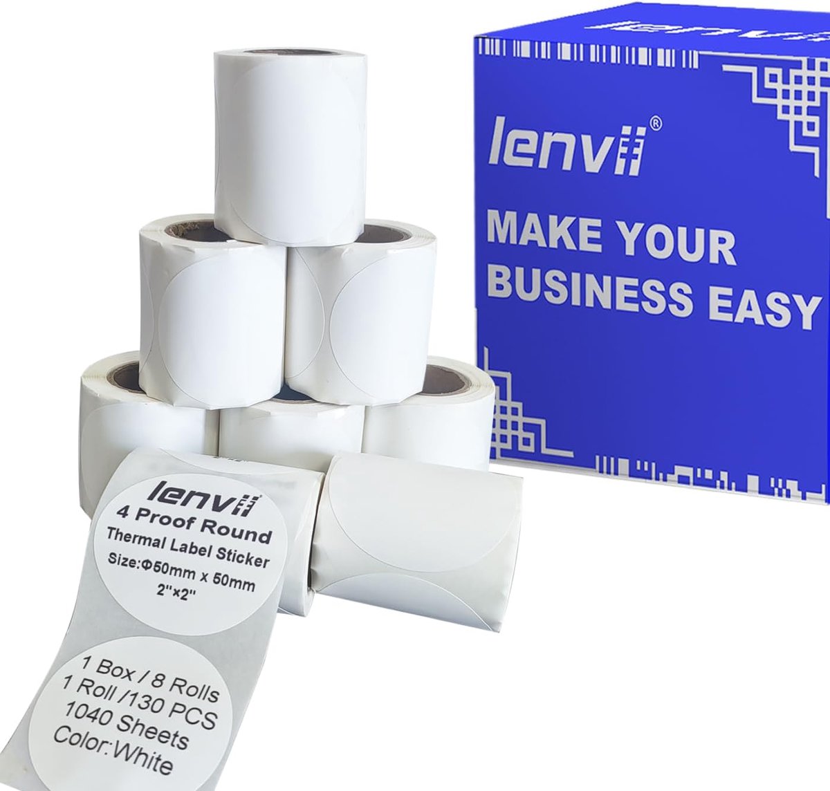 SnelShoppen - Ronde Thermoetiketten 50x50mm - 1040 Stuks - 8 Rollen x 130 Blad - Waterdicht, Olie- en Hittebestendig - Universele Kleber voor Huishoud