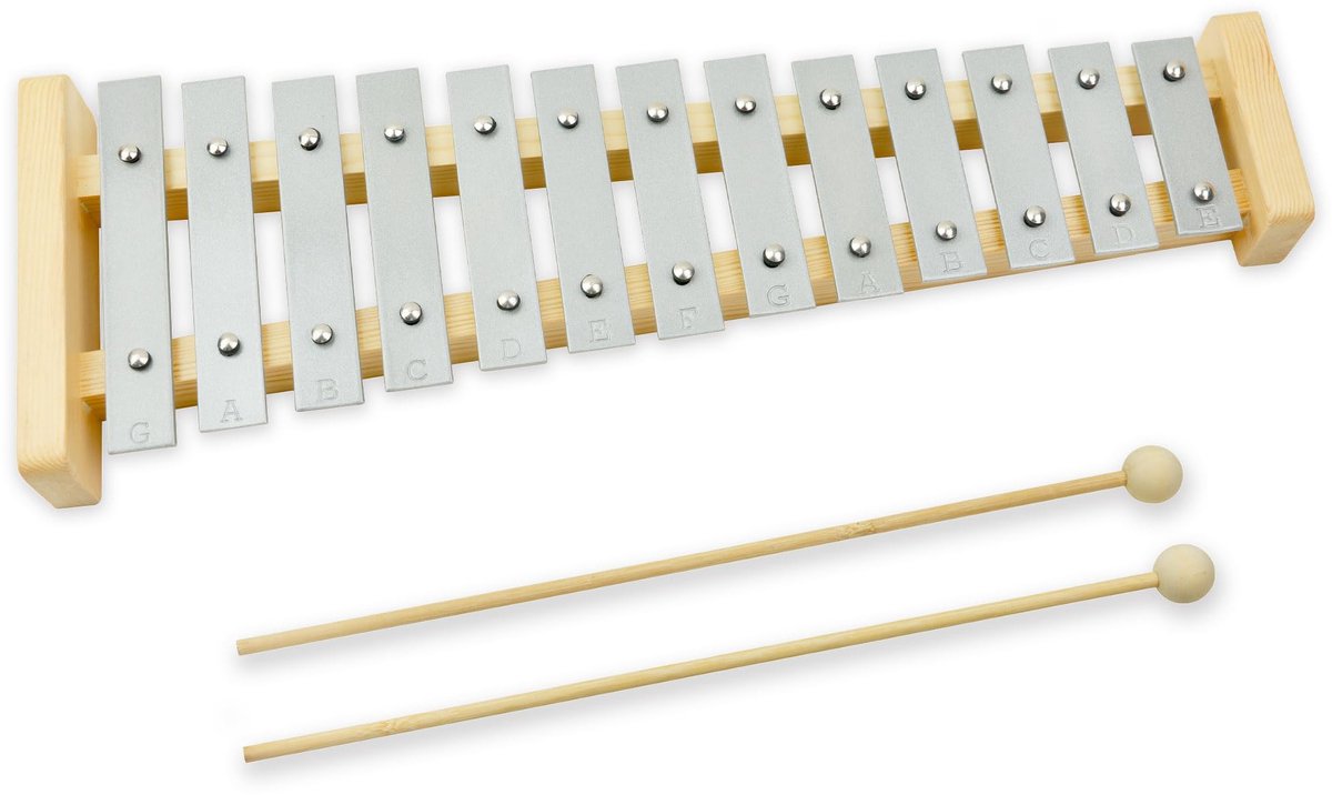 SnelShoppen - 13-noot sopraan klokkenspel xylofoon met zilveren toetsen en houten kloppers - diatonisch 2 octaven G5 tot E6 - Perfect voor kinderen, m