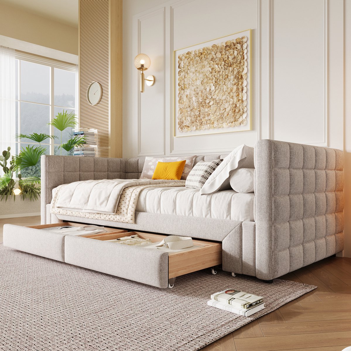 COVREO Bedbank 90x200 cm beige stof uittrekbaar 2 lades zonder matras
