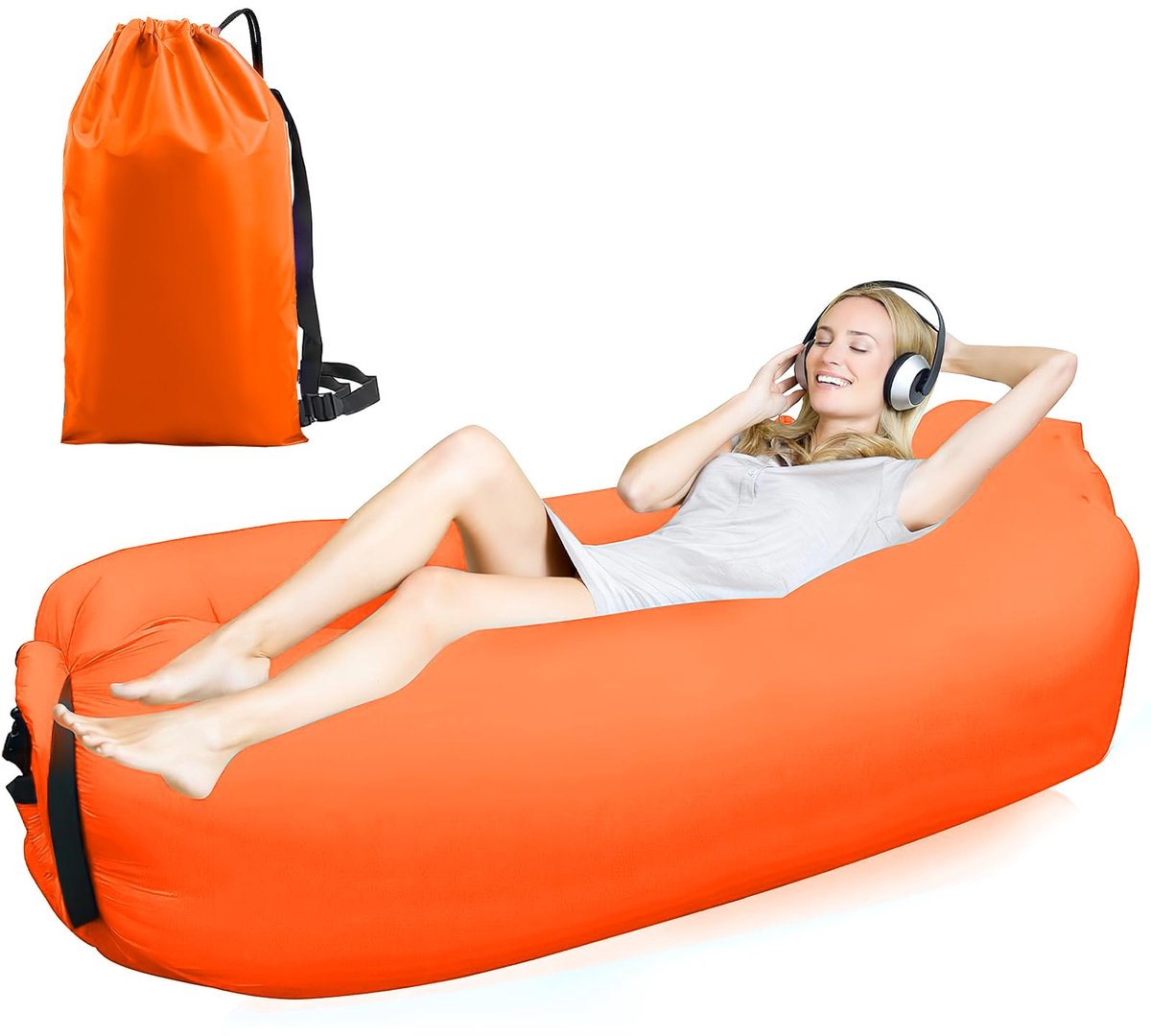 SnelShoppen - Opblaasbare Lucht Zitzak M - Draagbare Strandbank Outdoor Camping - Comfortabele Luchtbank Oranje - Ideaal voor Tuin, Feest, en Kinderen