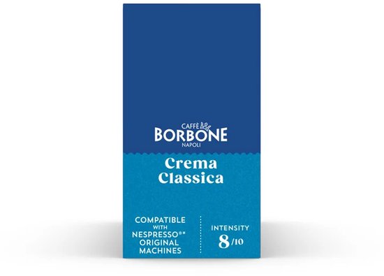 Blauwe doos met Caffe Borbone Napoli Crema Classica logo. Intensiteit 8/10.