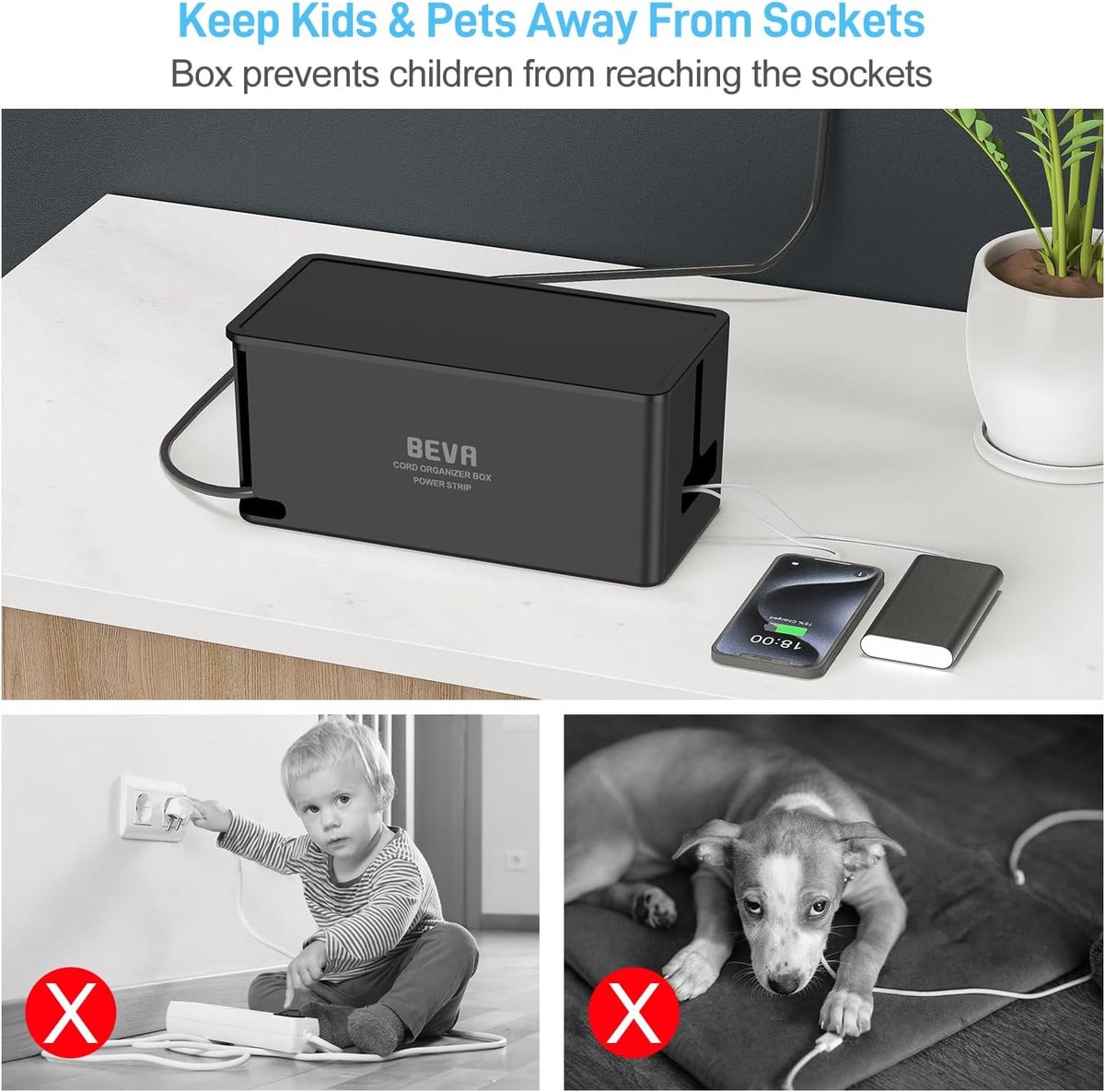 SnelShoppen - Kabeldoos met Stekkerdoos, 3680 W/16 A, 1050J Overspanningsbeveiliging, 6 Stopcontacten + 3 USB-A + 1 USB-C, 2 Meter Kabel voor Thuis, K