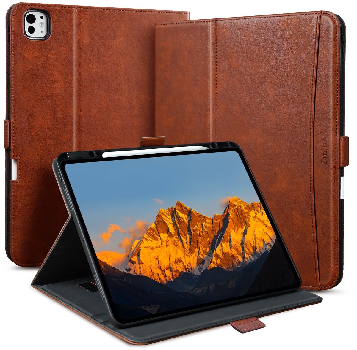 SnelShoppen - Beschermhoes voor iPad Pro 11 inch 2024 M4 (5e generatie) A2836 A2837 met Penhouder, Polsband, PU Leer, Bruin, Standfunctie, Autoslaap/W
