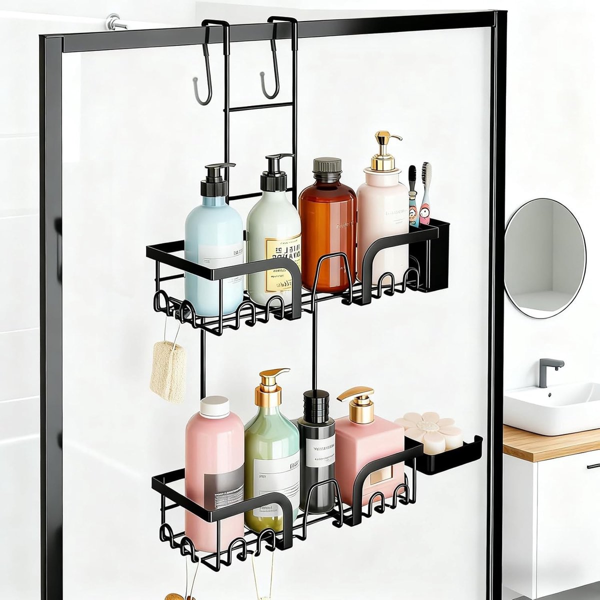 Hanging Shower Shelf voor Glazen Douchedeuren, Zonder Boren, Badkamer Organizer met 2 Mandjes, Roestvrij, Verstelbaar en Ruimtebesparend