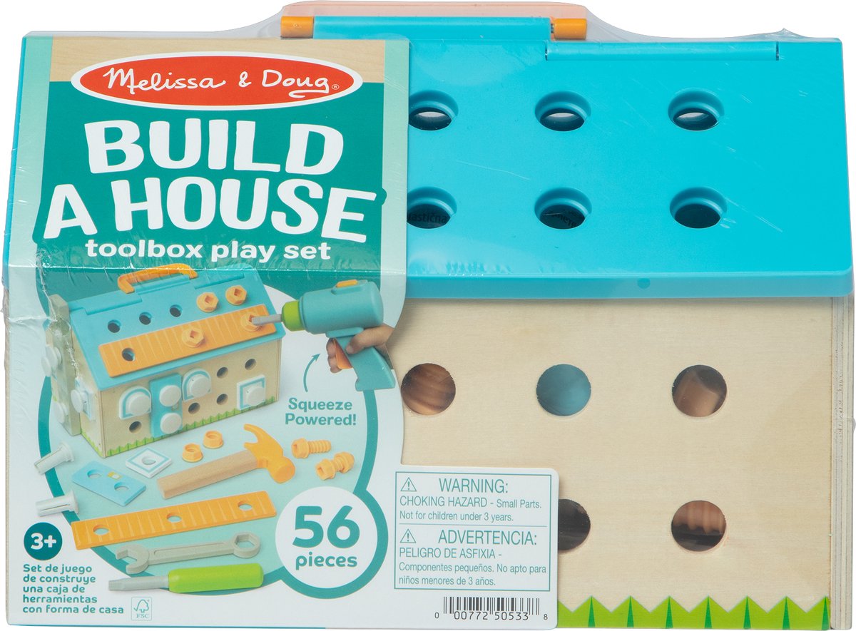 Melissa & Doug - Bouw een huis gereedschapskist speelset met 4 gereeedschappen en 51 bouwstukken - vanaf 3 jaar