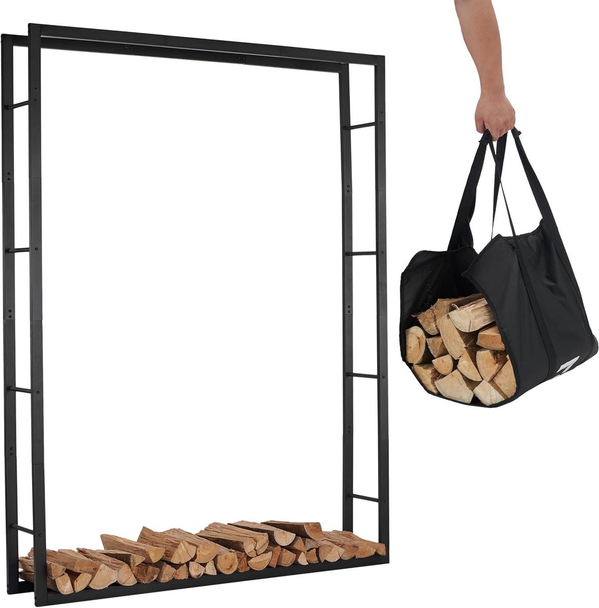 Haardhoutrek met tas - Houtopslag rek - Binnen en buiten - Stevige constructie - 196cm hoog - Zwart