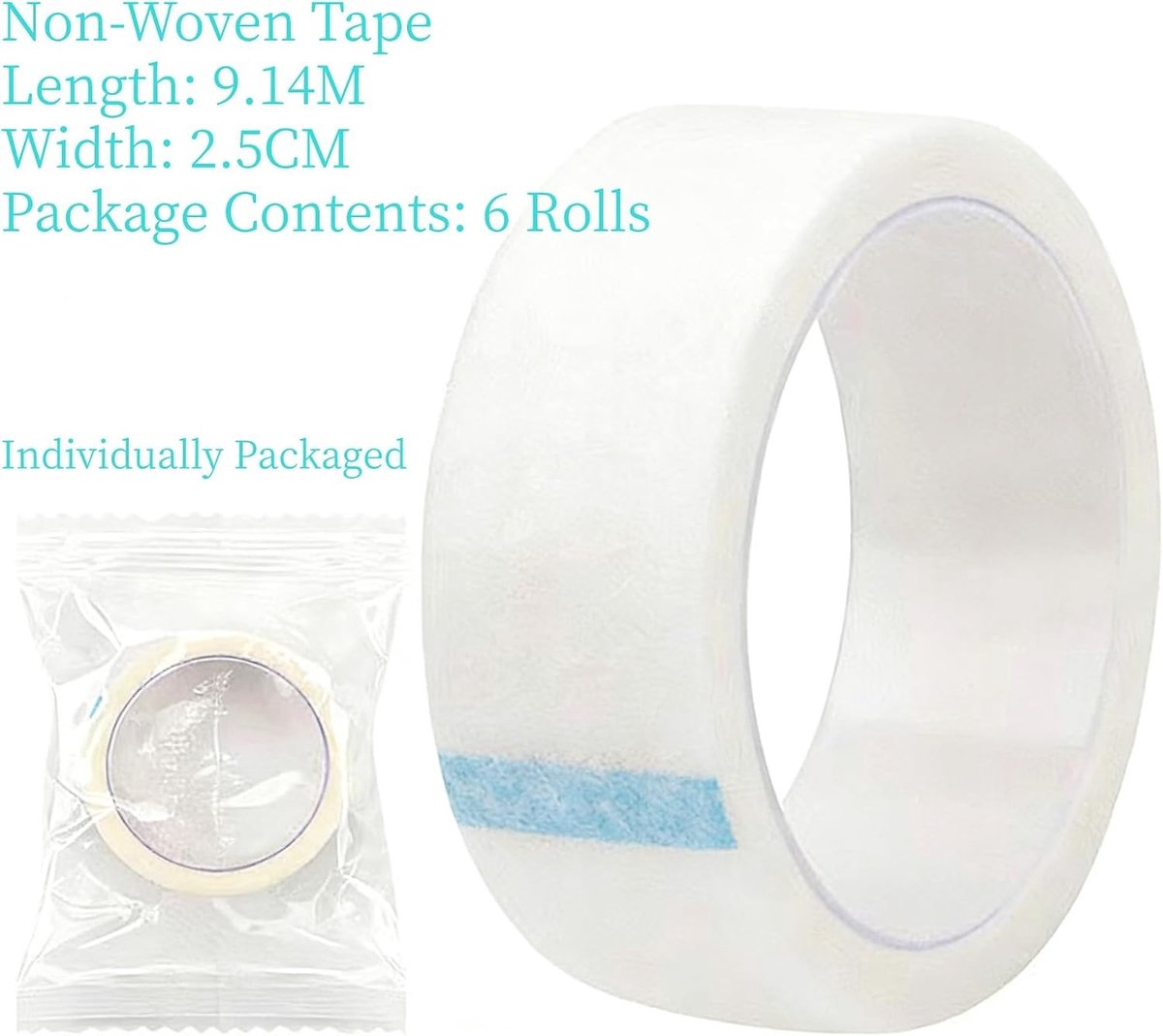 Wimperband voor wimperverlenging, 6 rollen, micropore, ideaal voor wimperextensions, 2,5 cm x 9,14 m, huidvriendelijk en ademend