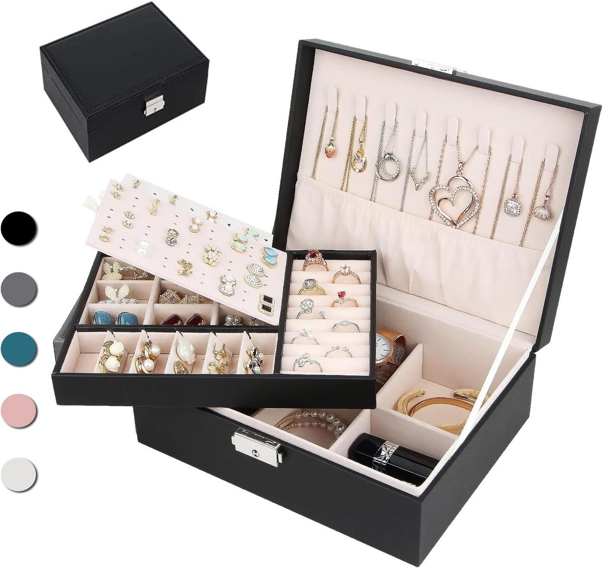 Sieradenorganisatordoos - Opbergdoos - Sieraden Opbergen - Vergrendelbaar met sleutel - 23x17x8.7 cm - Zwart