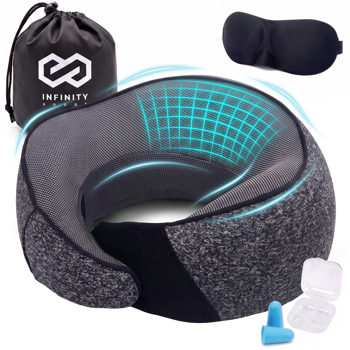 Infinity Goods Premium Nekkussen - Reiskussen - 3-in-1 Reisset - Ergonomisch Hoofdkussen - Vliegtuig & Auto - Luxe Traagschuim - Incl. Slaapmasker & Oordopjes