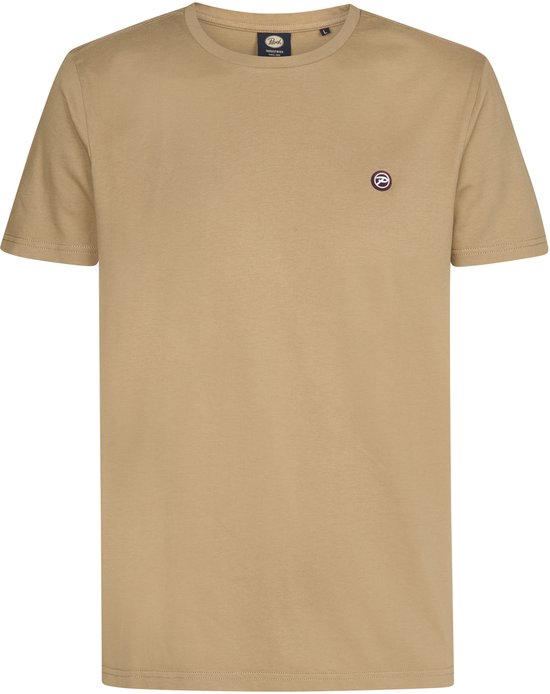 Lichtbruin t-shirt met korte mouwen en een ronde hals. Borstlogo in rood, wit en blauw.