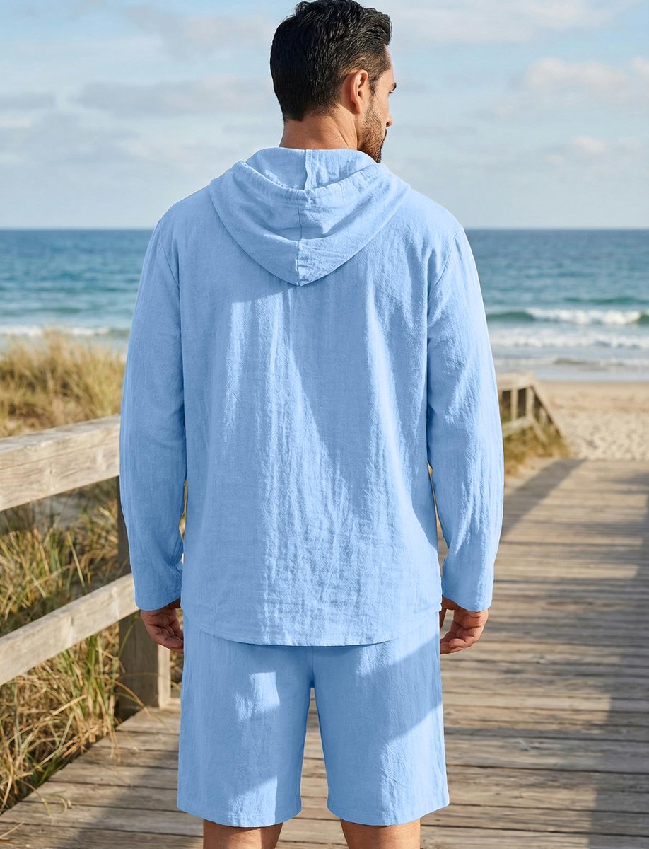 SnelShoppen - Heren Linnen Set Outfit 2 Stuk - Zomer Lange Mouw Shirt met Capuchon en Elastische Taille Shorts - Blauw - 3XL - Strandwear, Vakantie, L