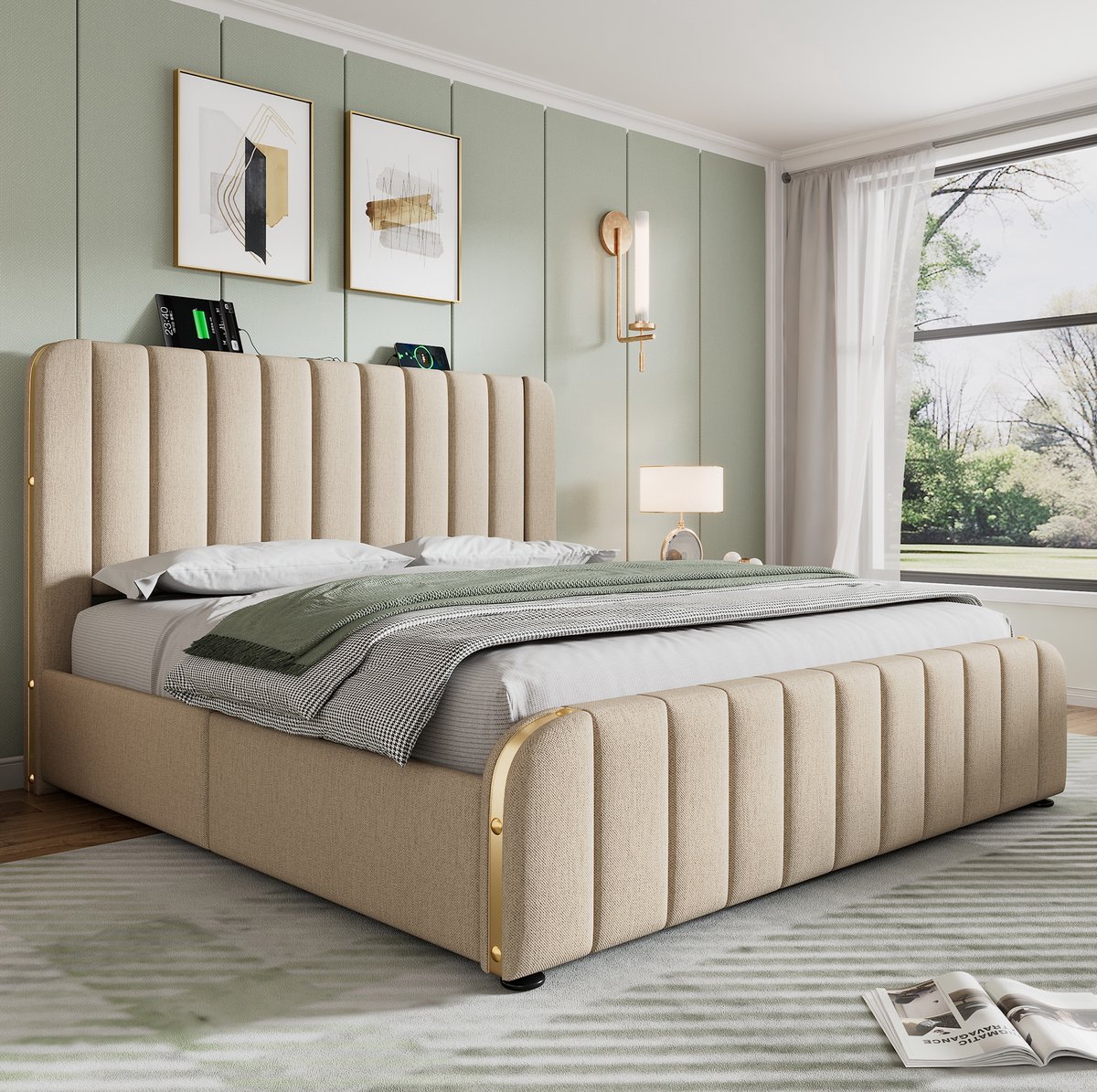 DESMIU Gestoffeerd Tweepersoonsbed 160x200 cm Met Matras Met 4 Lades USB Typ C Oplaadfunctie Lattenbodem Beige Stof