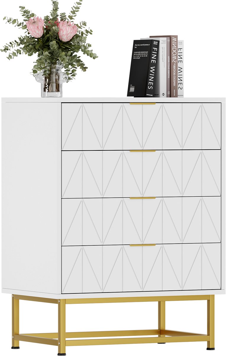 Modern 4-Lades Dressoir - Commode - Houten Opbergkast met Gouden Metalen Poten - Anti-kantelbeveiliging - Voor Slaapkamer, Woonkamer en Gang - Wit