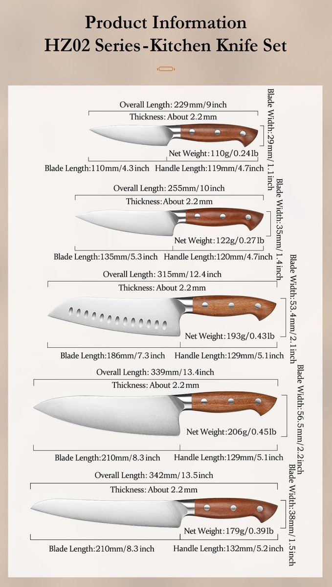 SnelShoppen - 5-delige Duitse keukenmessenset, professionele koksmessen, roestvrij staal, Santoku-mes met redwood-handvat voor culinaire creaties in d