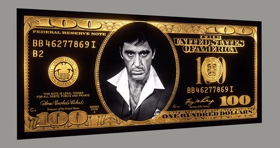 Un billet de cent dollars en or avec le portrait de Tony Montana au centre.