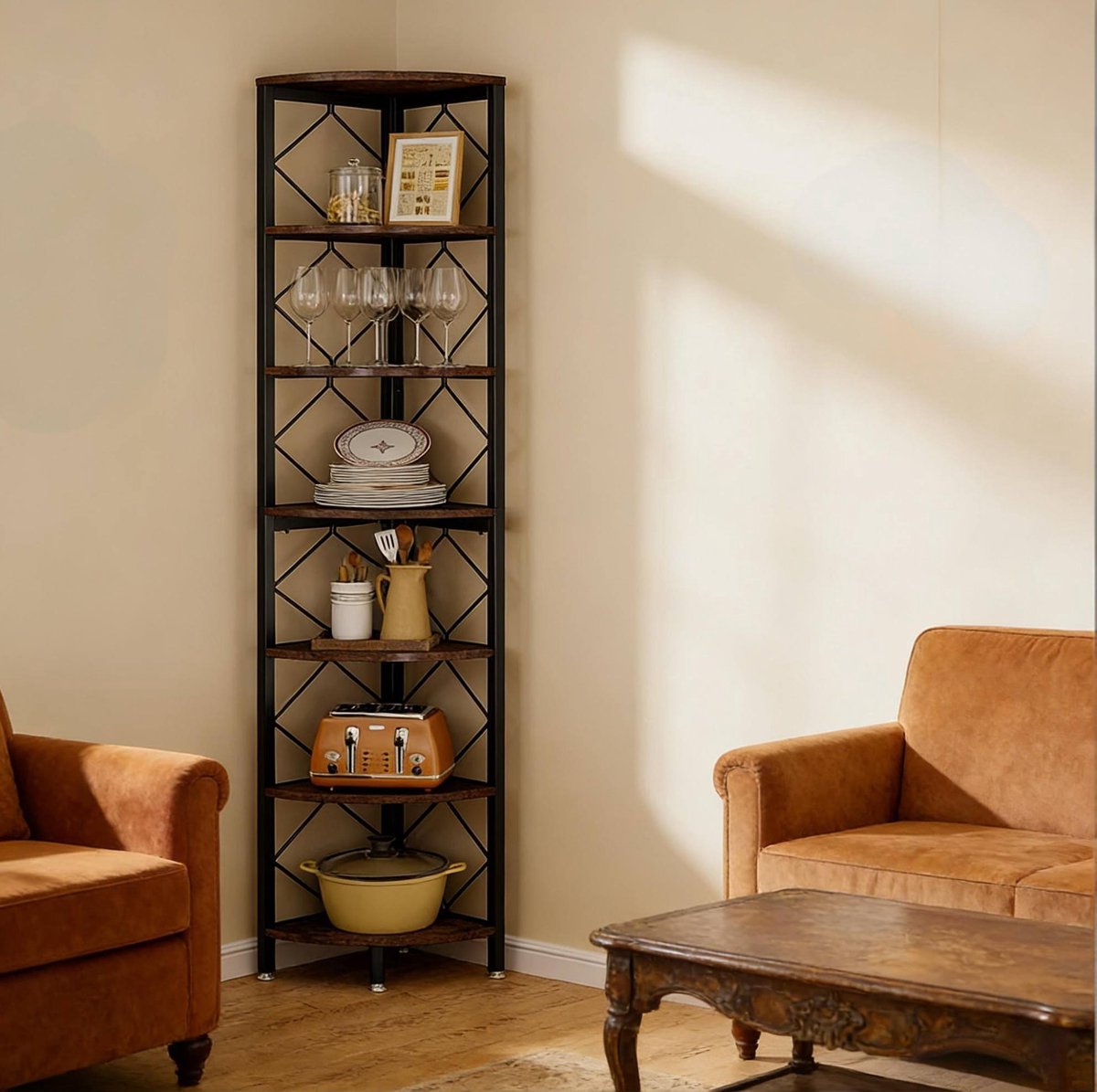 REDOM - Boekenkast - Smal 7-niveaus hoekrek - Open kast - Industrieel - Woonkamer, keuken, balkon - Metaal en spaanplaat - Zwart, Bruin - 35 x 35 x 200 cm