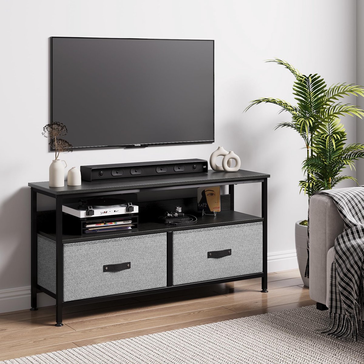 SnelShoppen - TV-standaard commode met 2 laden, entertainment center voor 50 inch TV, verstelbare poten, metalen frame, zwart/grijs, woonkamer/slaapka